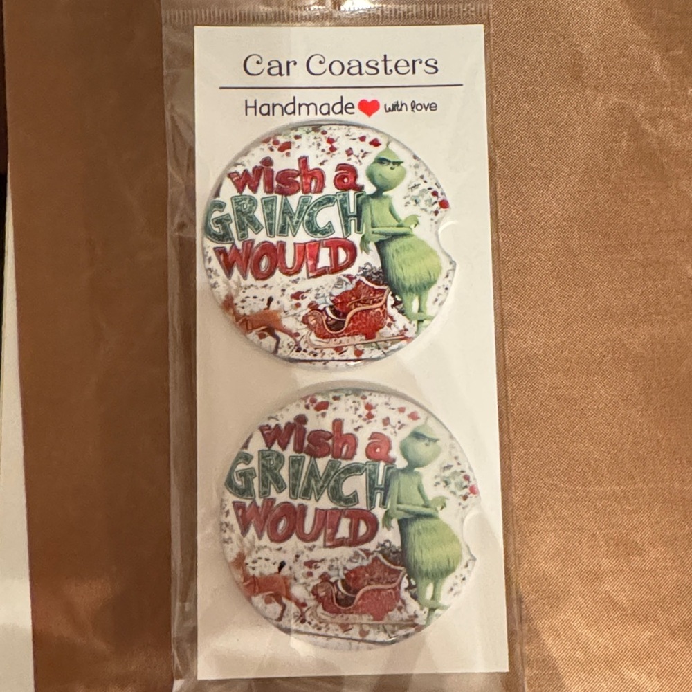 Handmade Grinch Ceramic Car Coasters - Red, Green, White